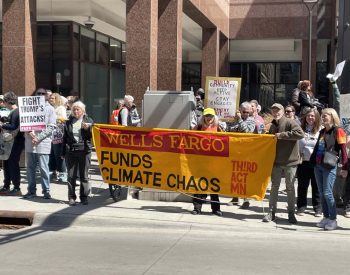 Third Act members with banner at Wells Fargo Plaza
