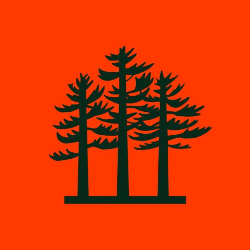 Three white pine trees silhouetted on a red background