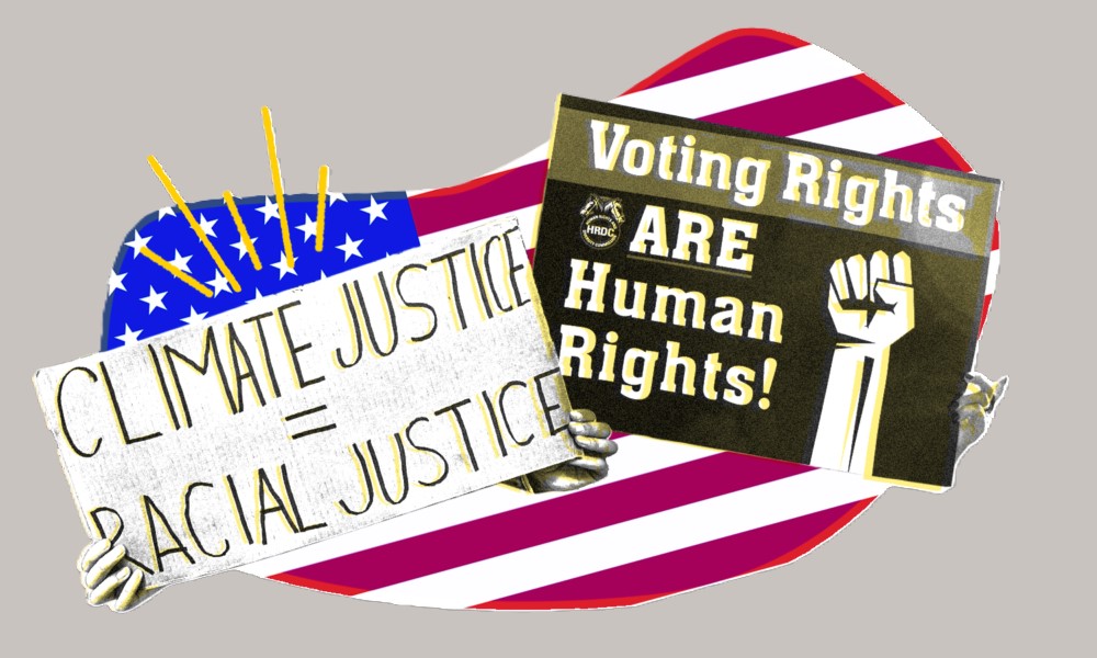 signs: voting rights are human rights and climate justice = racial justice