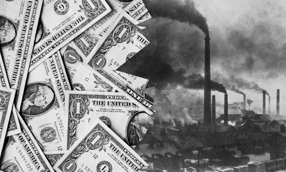 Picture of money and smoke from factories