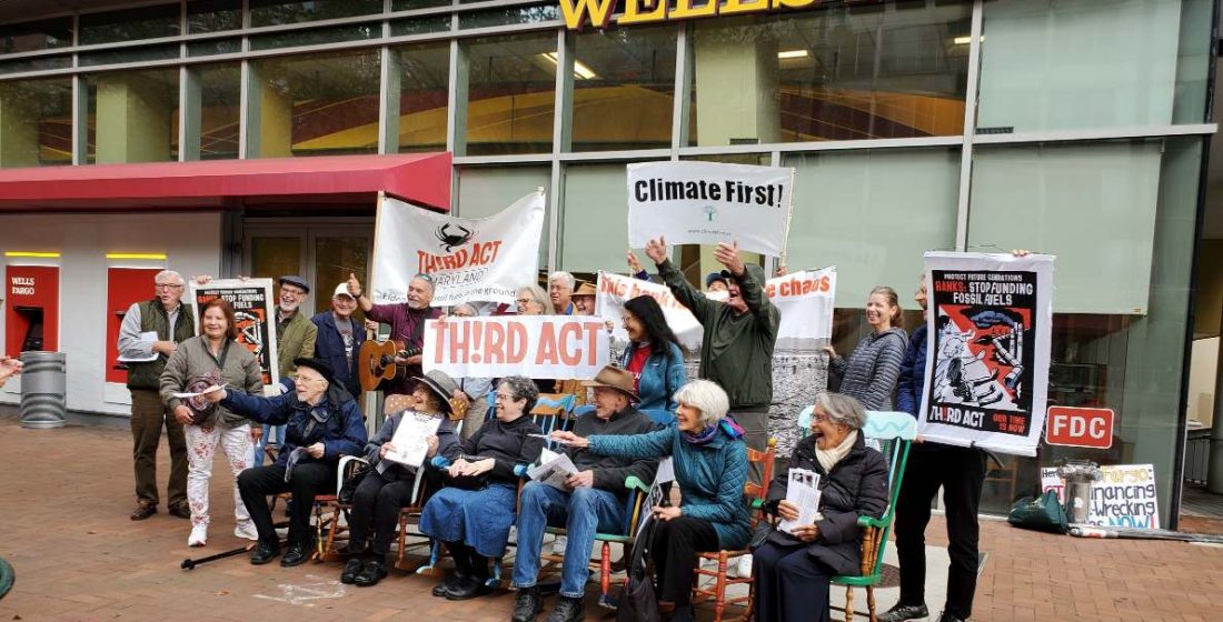 Maryland Third Act activists protesting at a bank