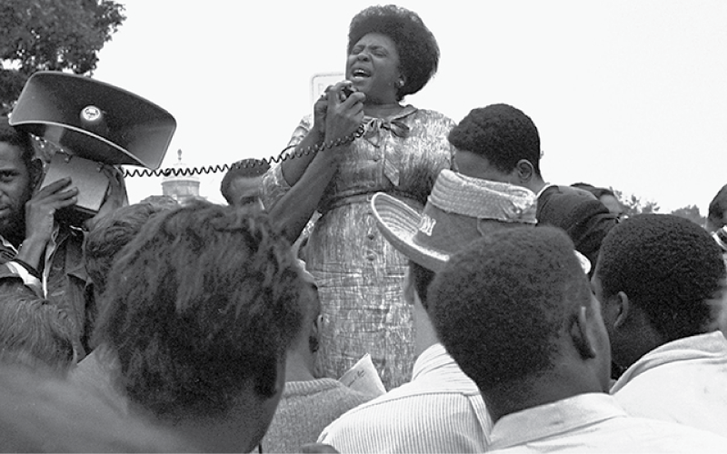 Fannie Lou Hamer, of Ruleville, Miss., speaks to Mississippi Freedom Democratic Party sympathizers outside the Capitol in Washington.