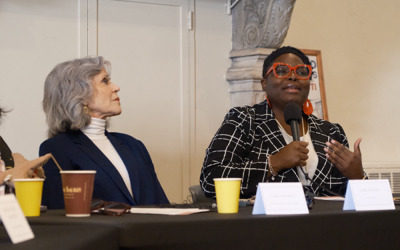 Jane Fonda and Roishetta Ozane speaking at Earth Day's "People vs. Citi" public hearing